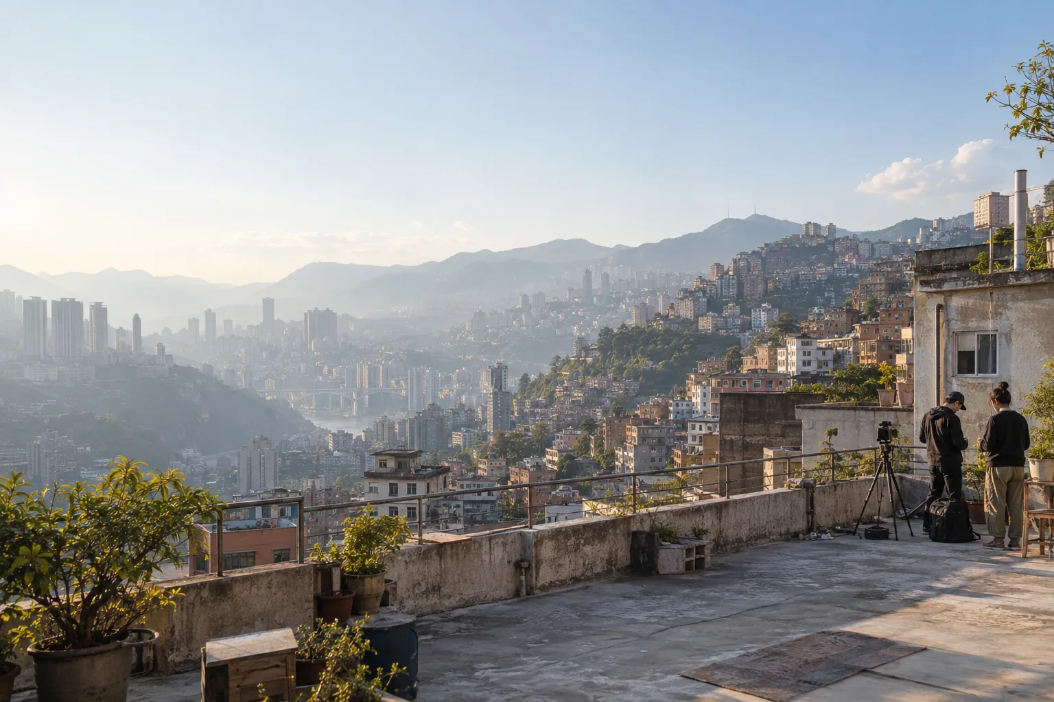 Morning light opens across a city rooftop, with open sky and distant hills.