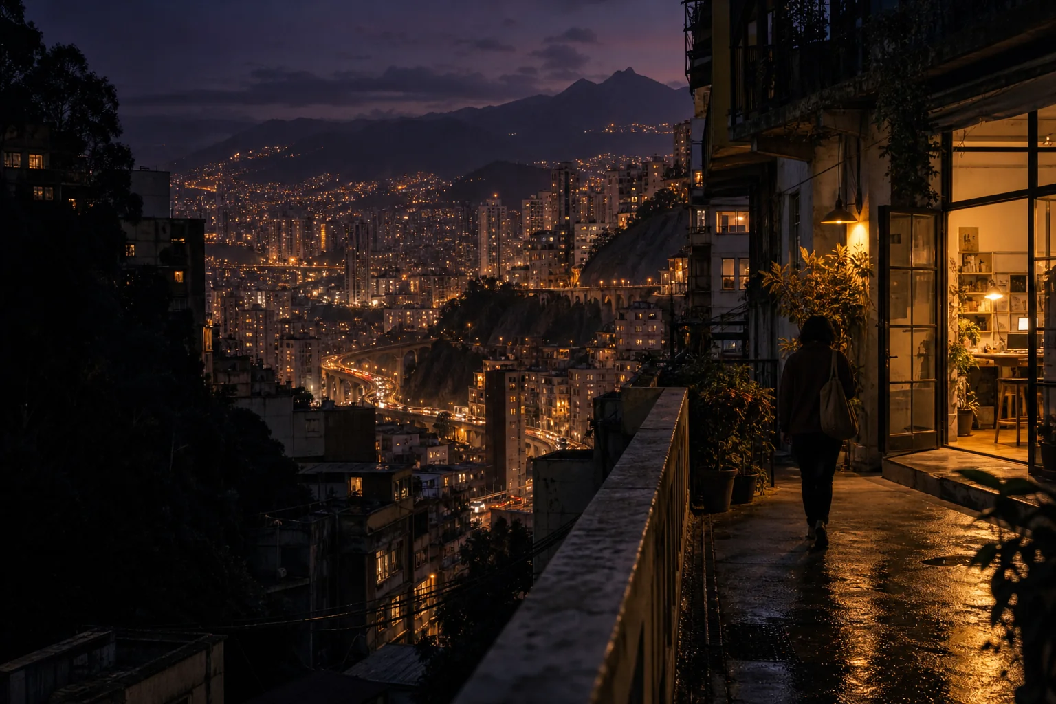 Warm windows and winding streets light up a hillside city at night.