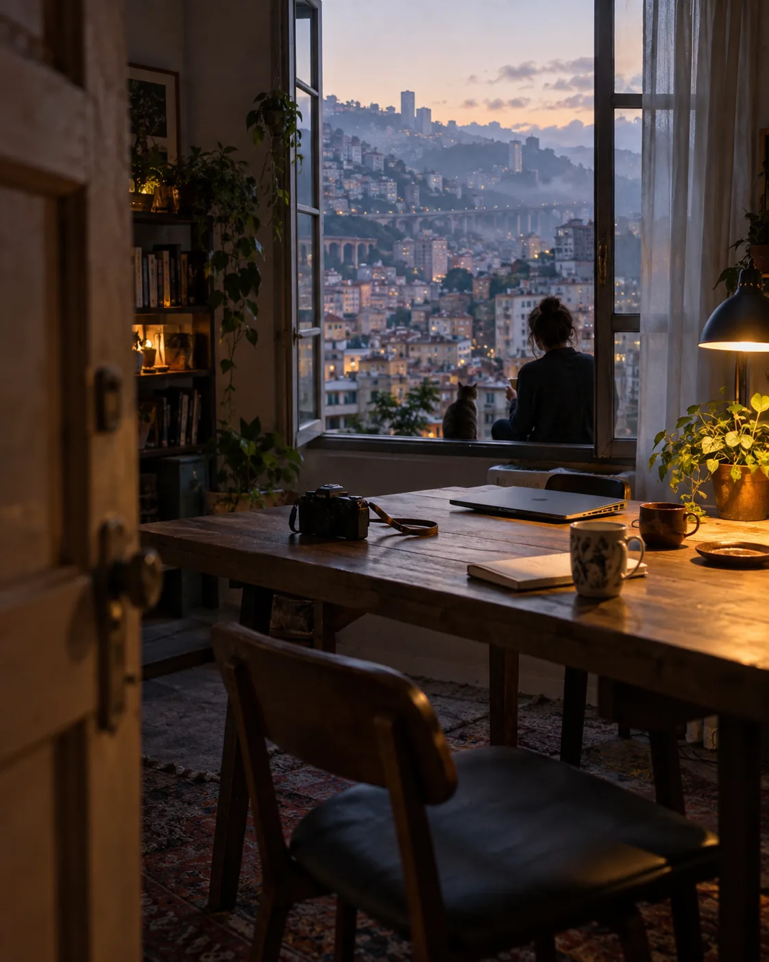 An open creative workspace with a camera, a notebook, and a warm light beside the city.
